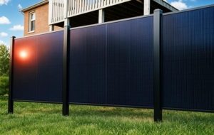 modern solar panel fence beside a brick house under a clear blue sky with sunlight reflecting off the panels