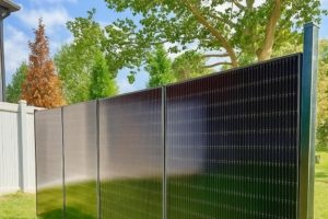 solar panel fence in a sunny backyard surrounded by green grass and trees under a bright blue sky