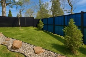 a backyard with a solar panel fence, green lawn, trees, and a decorative rock pathway under a bright blue sky
