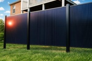 modern solar panel fence beside a brick house under a clear blue sky with sunlight reflecting off the panels